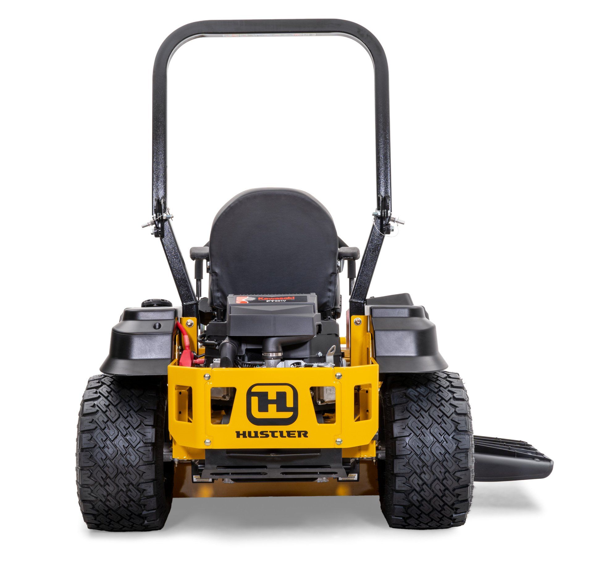 Yellow Hustler zero-turn mower with black tires and handlebars, viewed head-on.