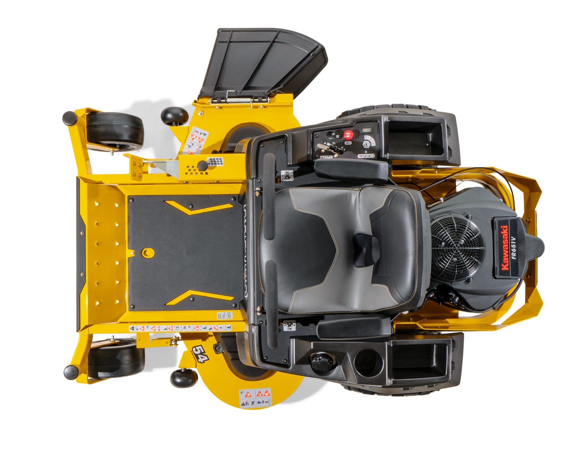 Yellow and black zero-turn lawnmower, overhead view, with a black seat and Kawasaki engine.