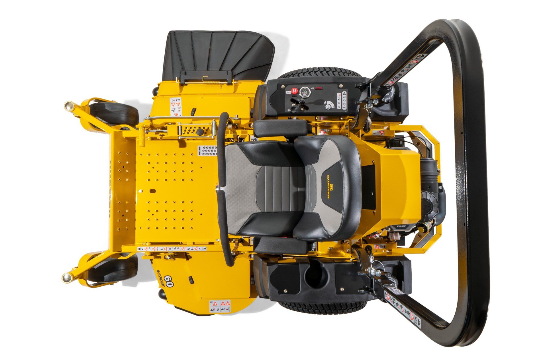 Yellow zero-turn lawn mower viewed from above. Black seat, controls, and roll bar.