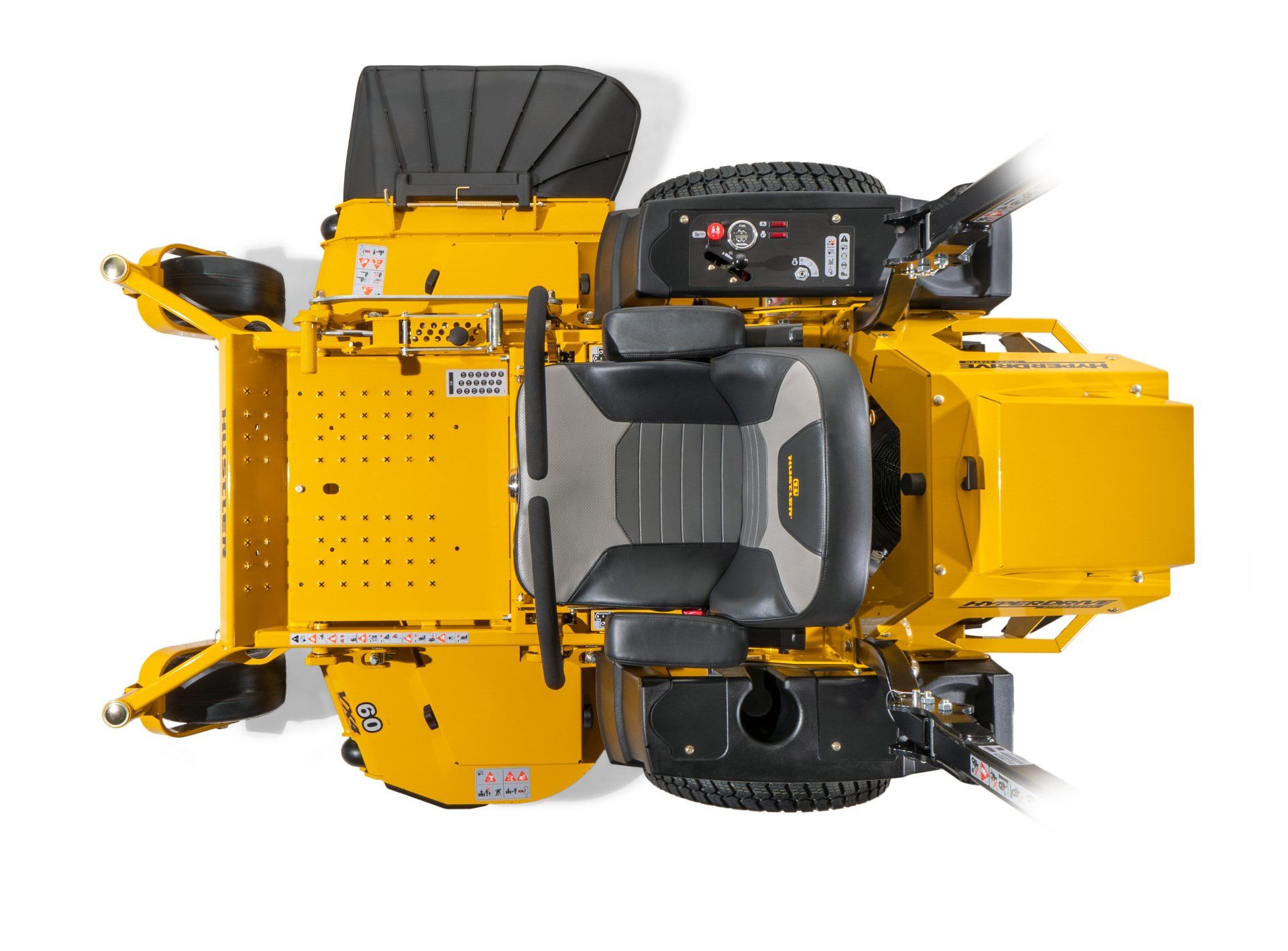 Yellow commercial zero-turn lawn mower, overhead view, with operator seat and controls.