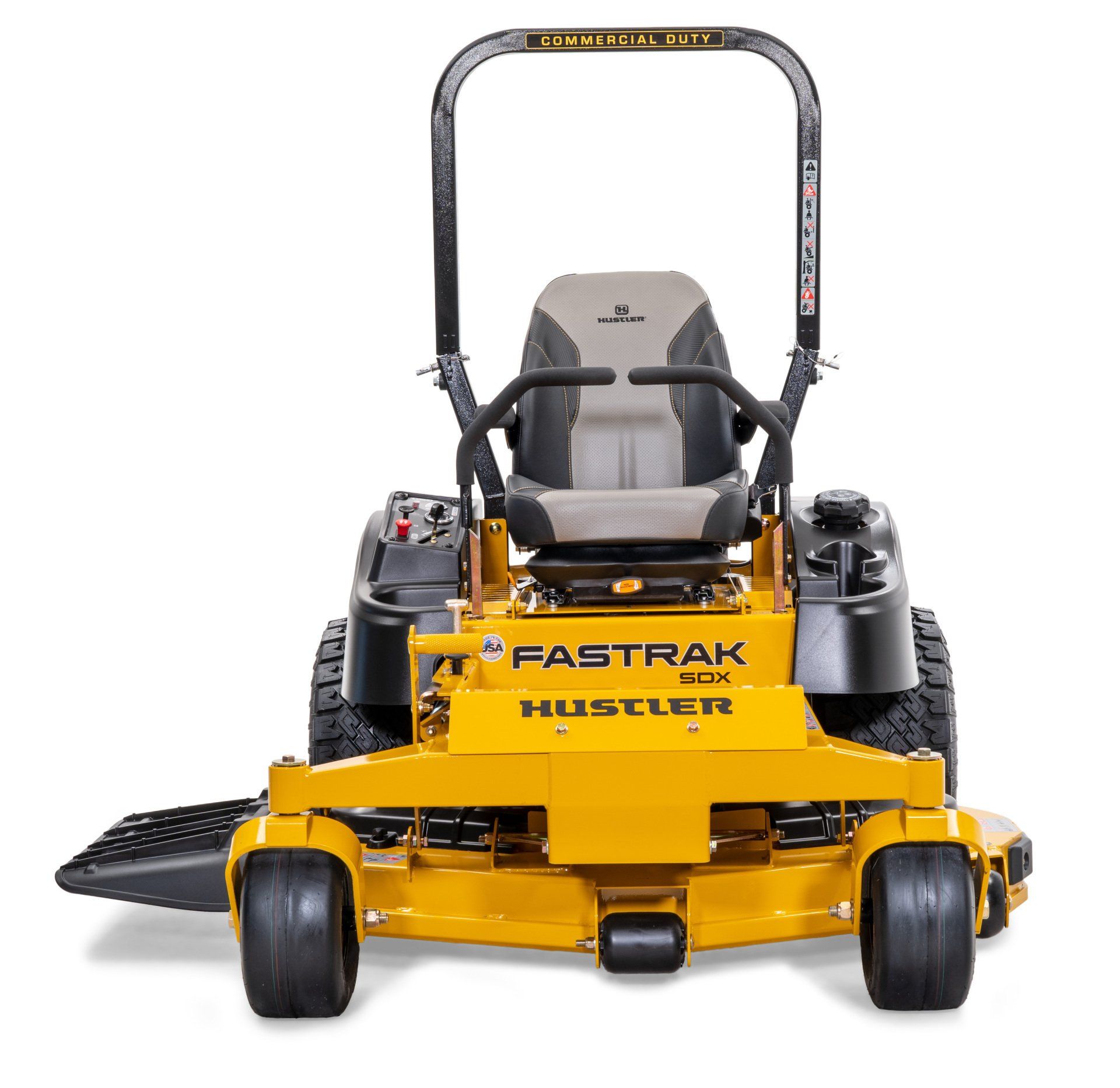 Yellow Hustler Fastrak zero-turn riding lawn mower with black accents.