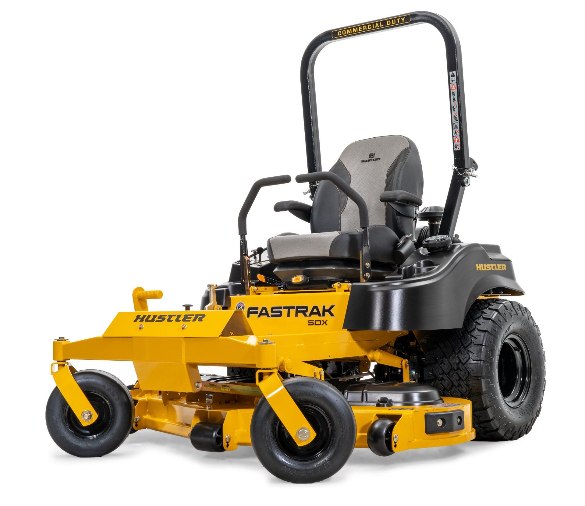 Yellow Hustler Fastrak zero-turn riding lawn mower with black accents, angled in front of a white background.