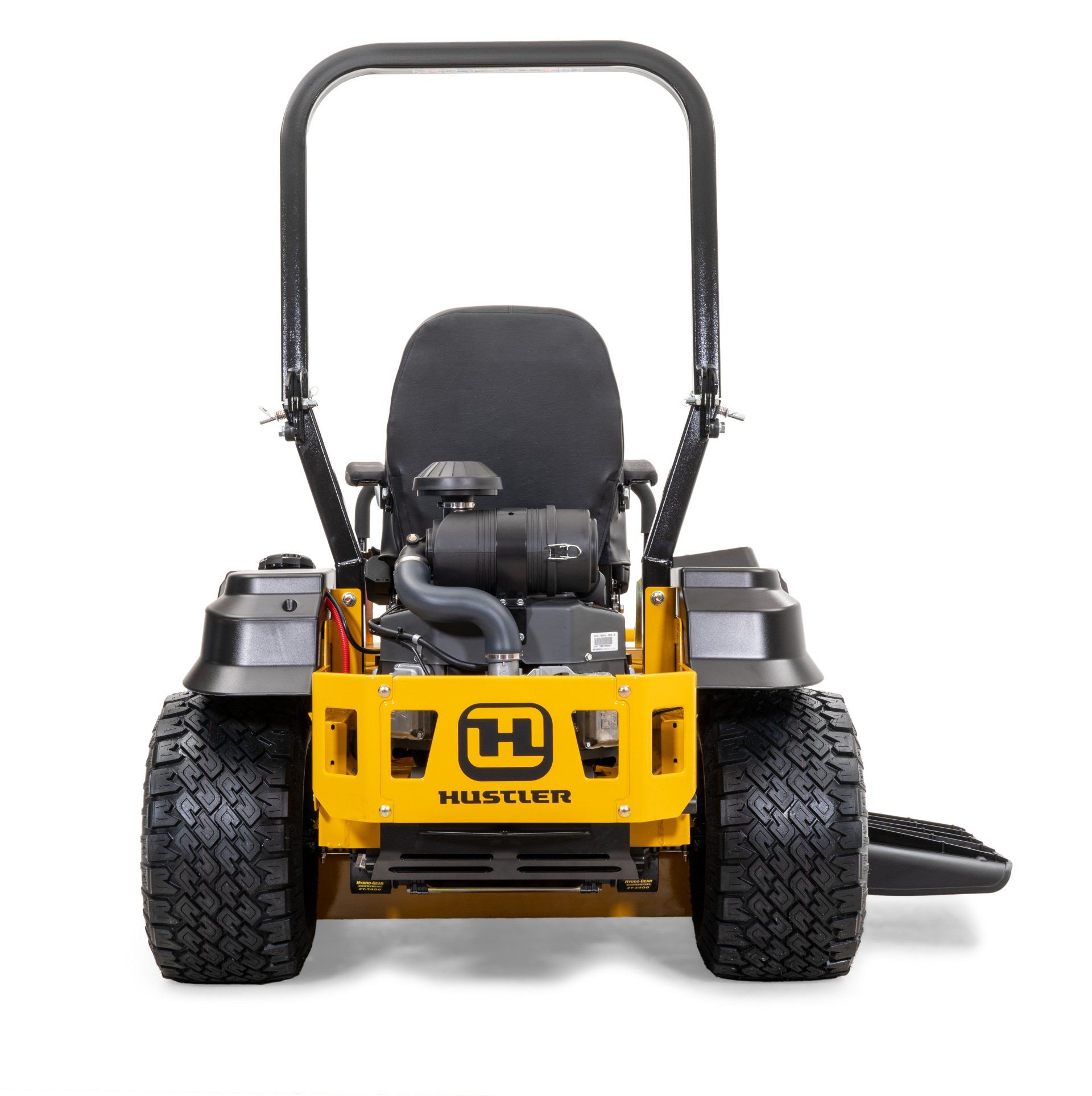Yellow and black Hustler zero-turn lawn mower from a front view.