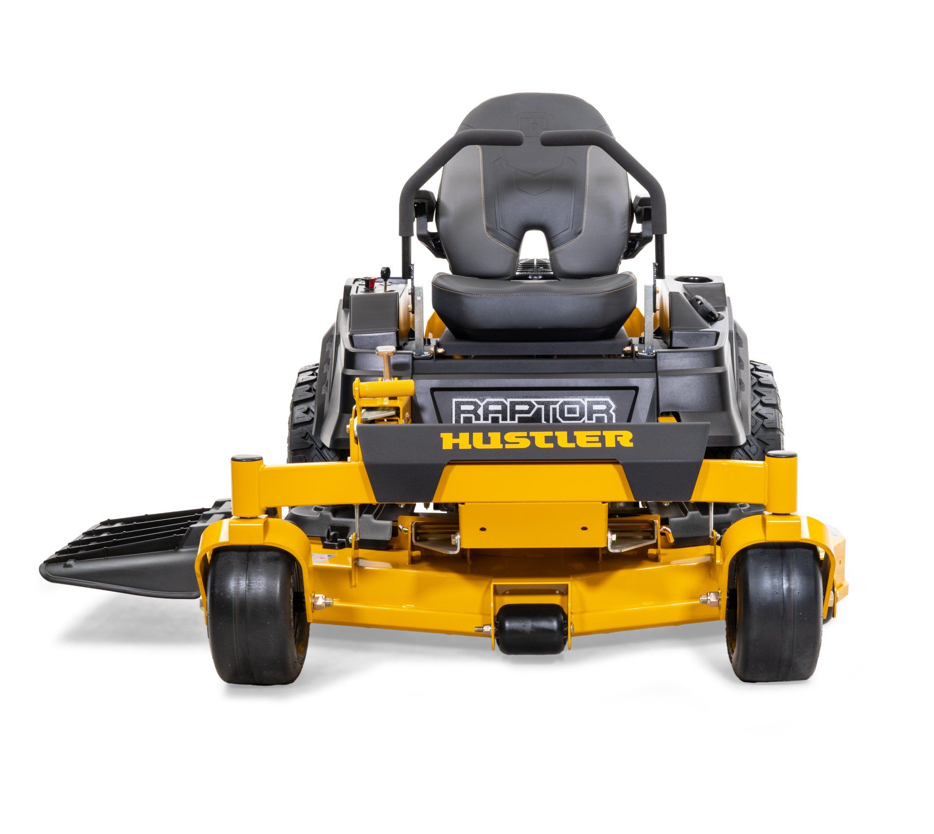 Yellow Hustler Raptor zero-turn lawn mower, black seat, front view on white background.