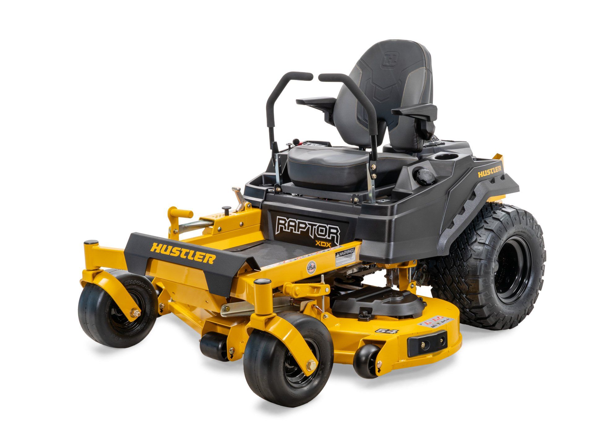 Yellow and black Hustler Raptor zero-turn riding lawn mower on a white background.