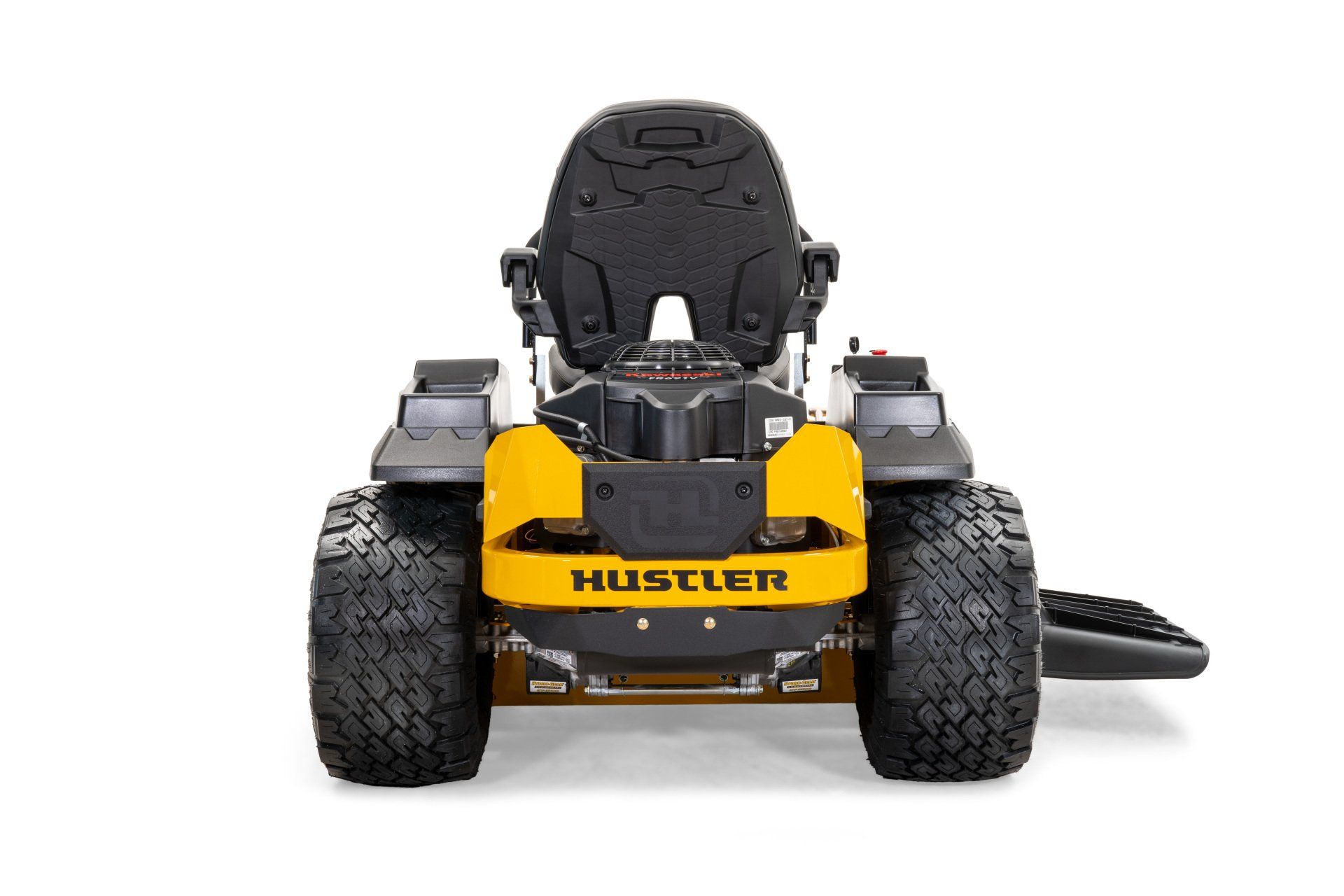 Yellow and black Hustler zero-turn lawnmower on a white background, viewed from the front.