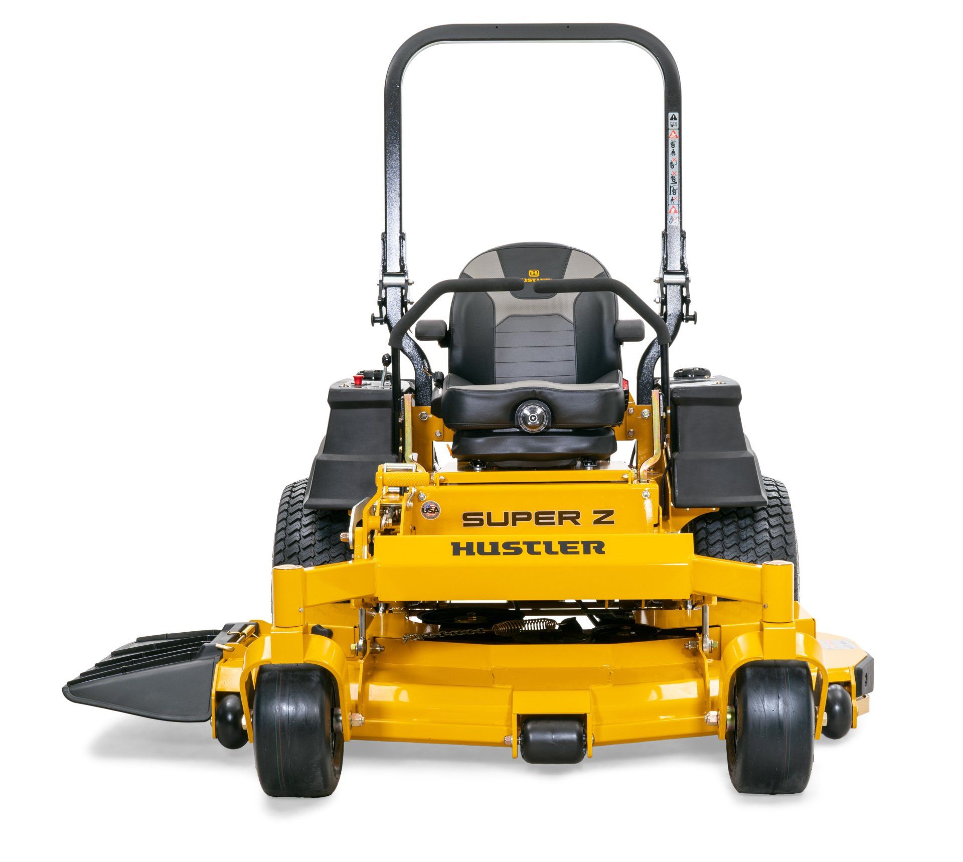 Yellow Hustler Super Z zero-turn mower on a white background.