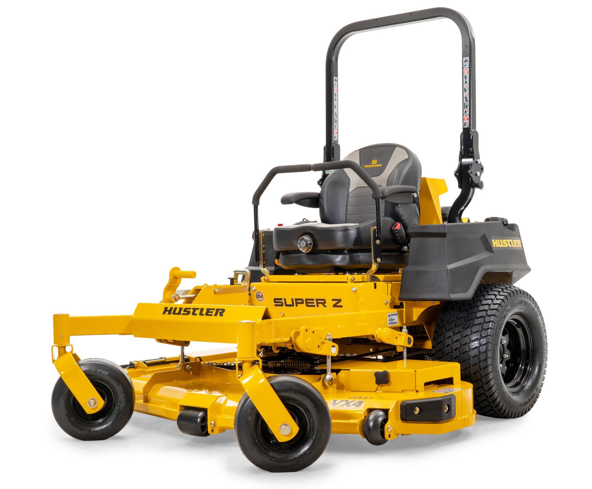 Yellow Hustler Super Z zero-turn lawn mower on white background.