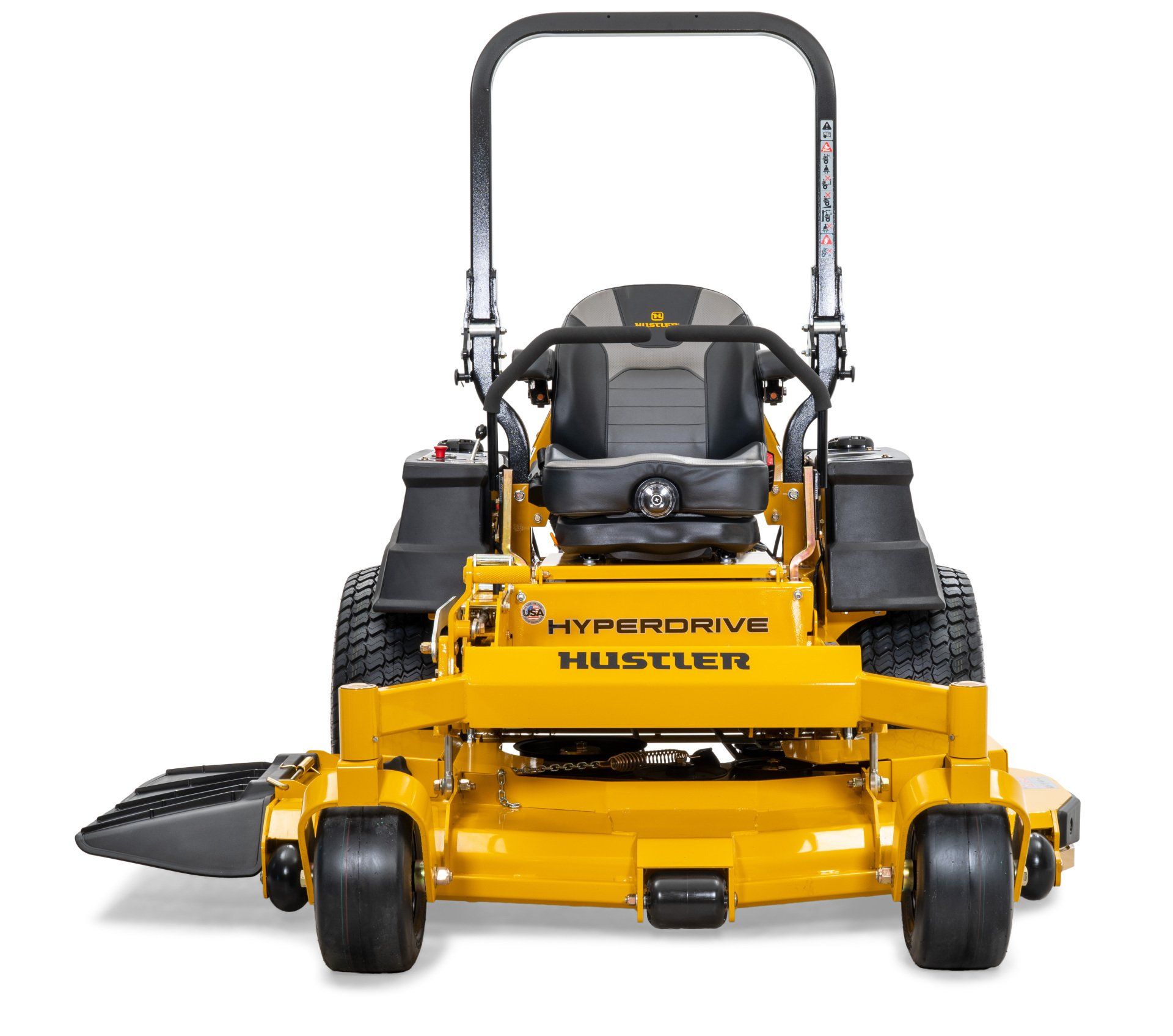 Yellow Hustler HyperDrive zero-turn lawn mower, front view, handle up, ready for use.