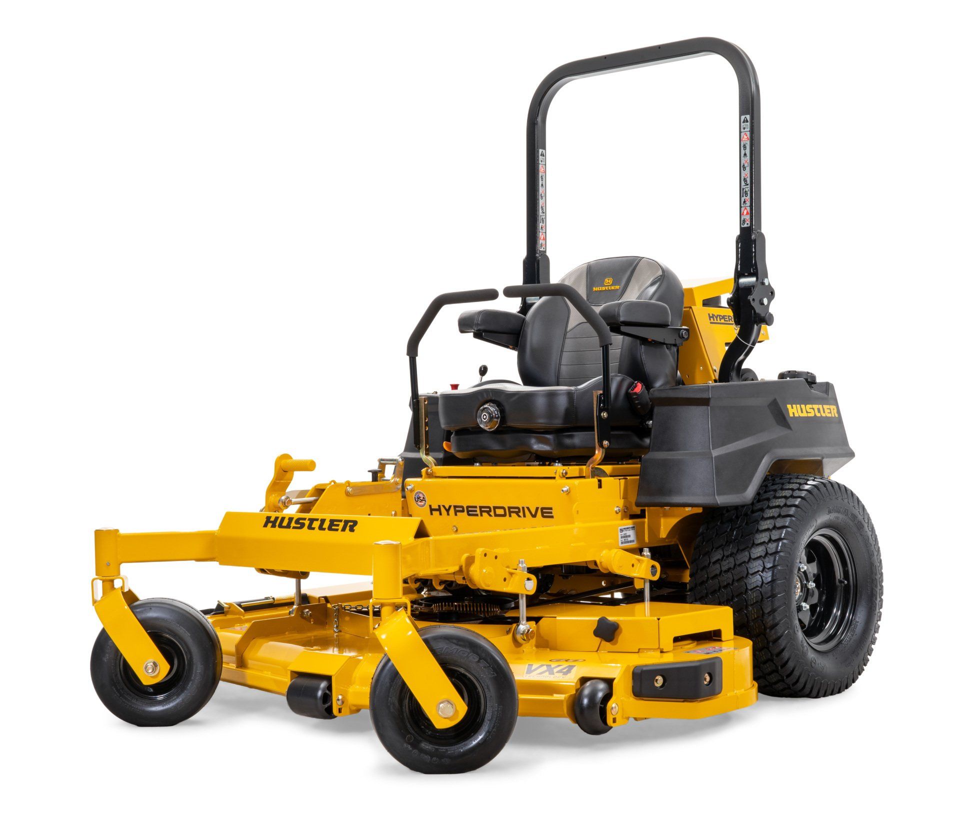 Yellow Hustler zero-turn lawn mower on white background.
