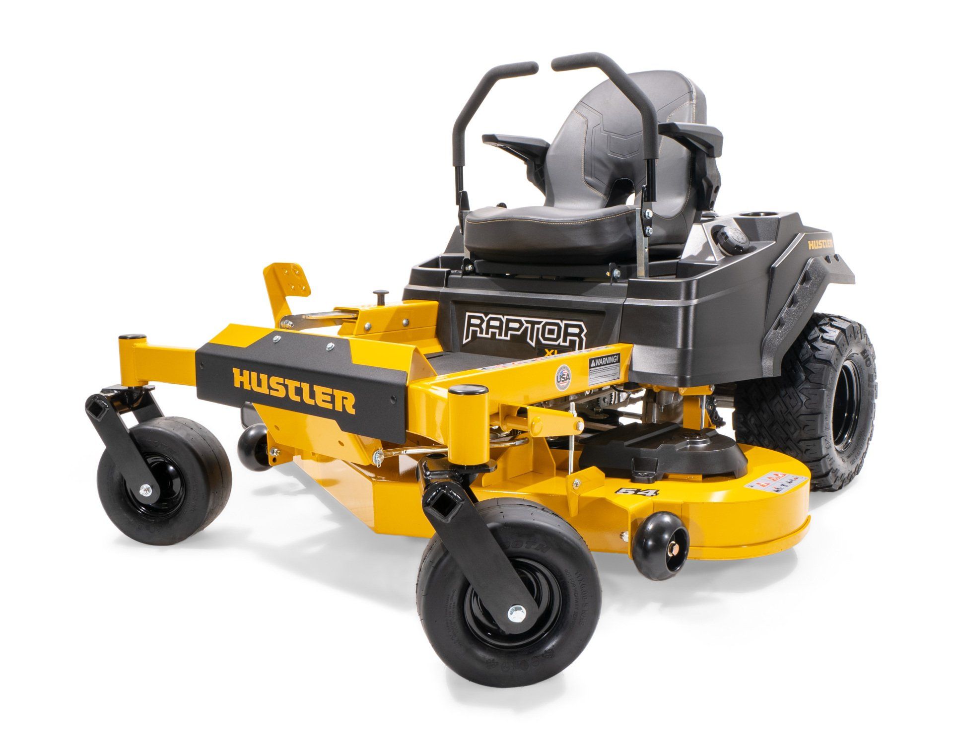 Yellow and black Hustler Raptor zero-turn riding lawn mower on a white background.