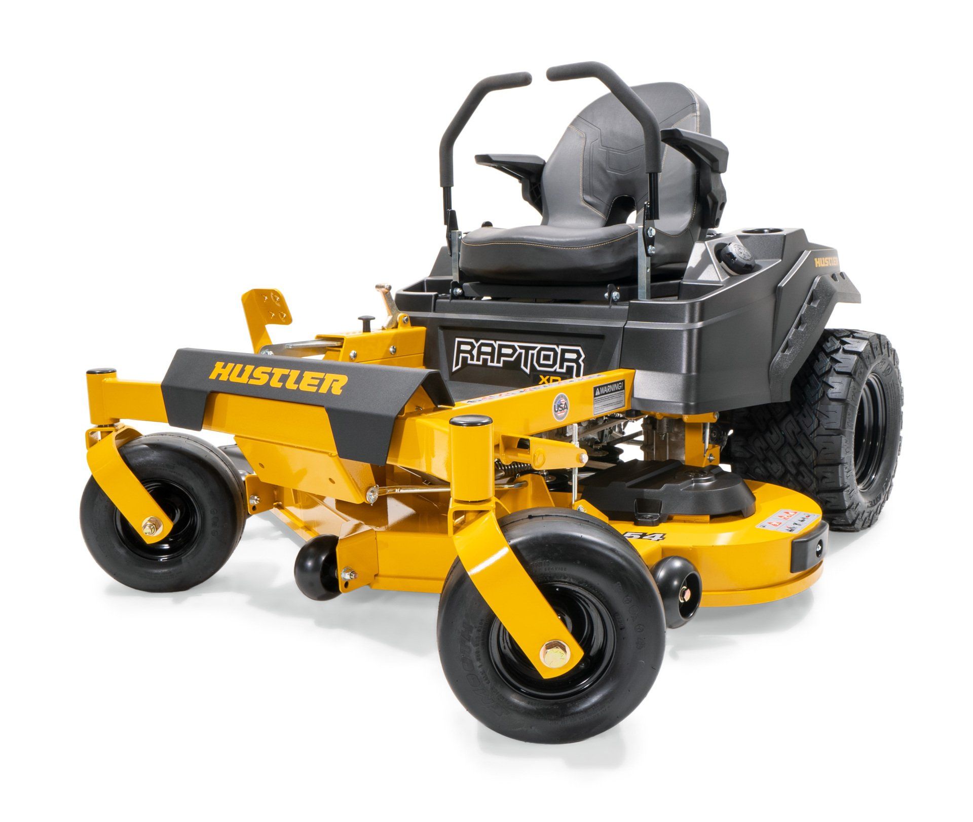 Yellow and black Hustler Raptor zero-turn riding lawn mower on white background.