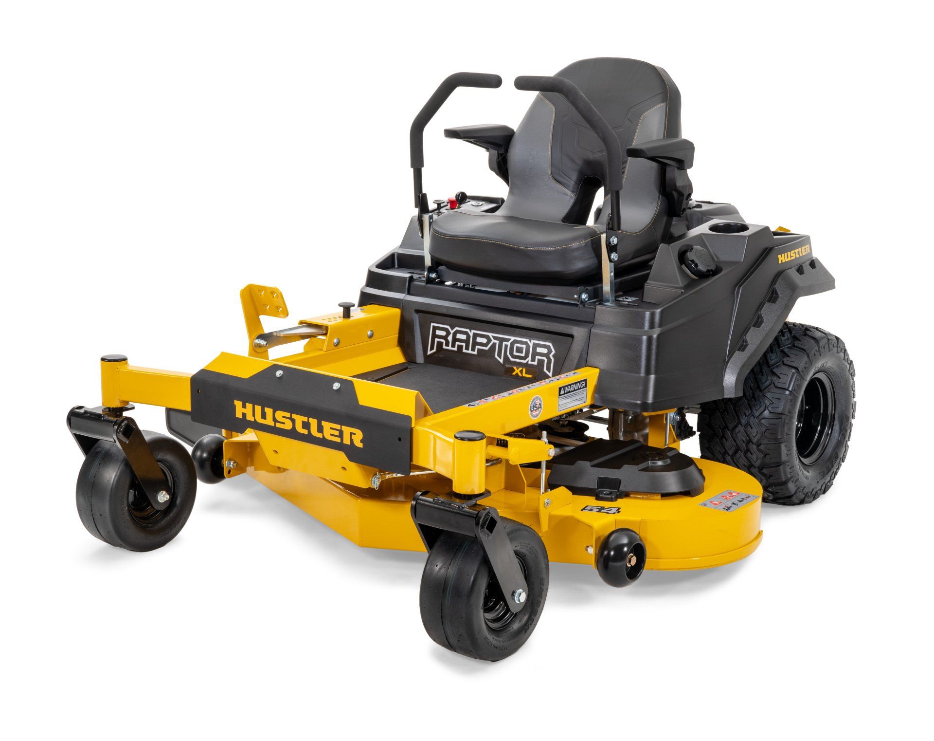 Yellow and black Hustler Raptor zero-turn riding lawnmower on a white background.