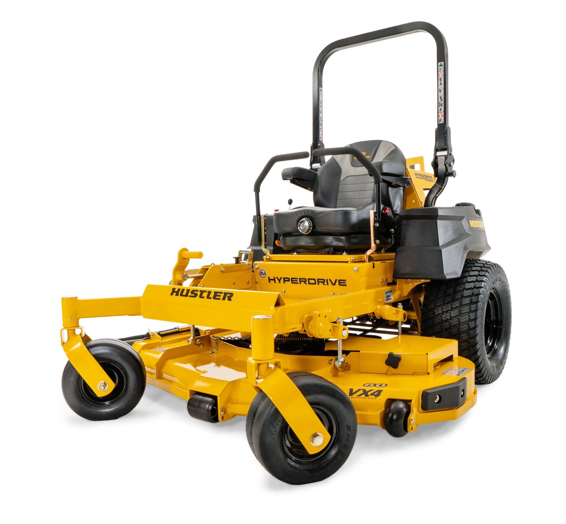 Yellow Hustler HyperDrive zero-turn lawn mower on white background.