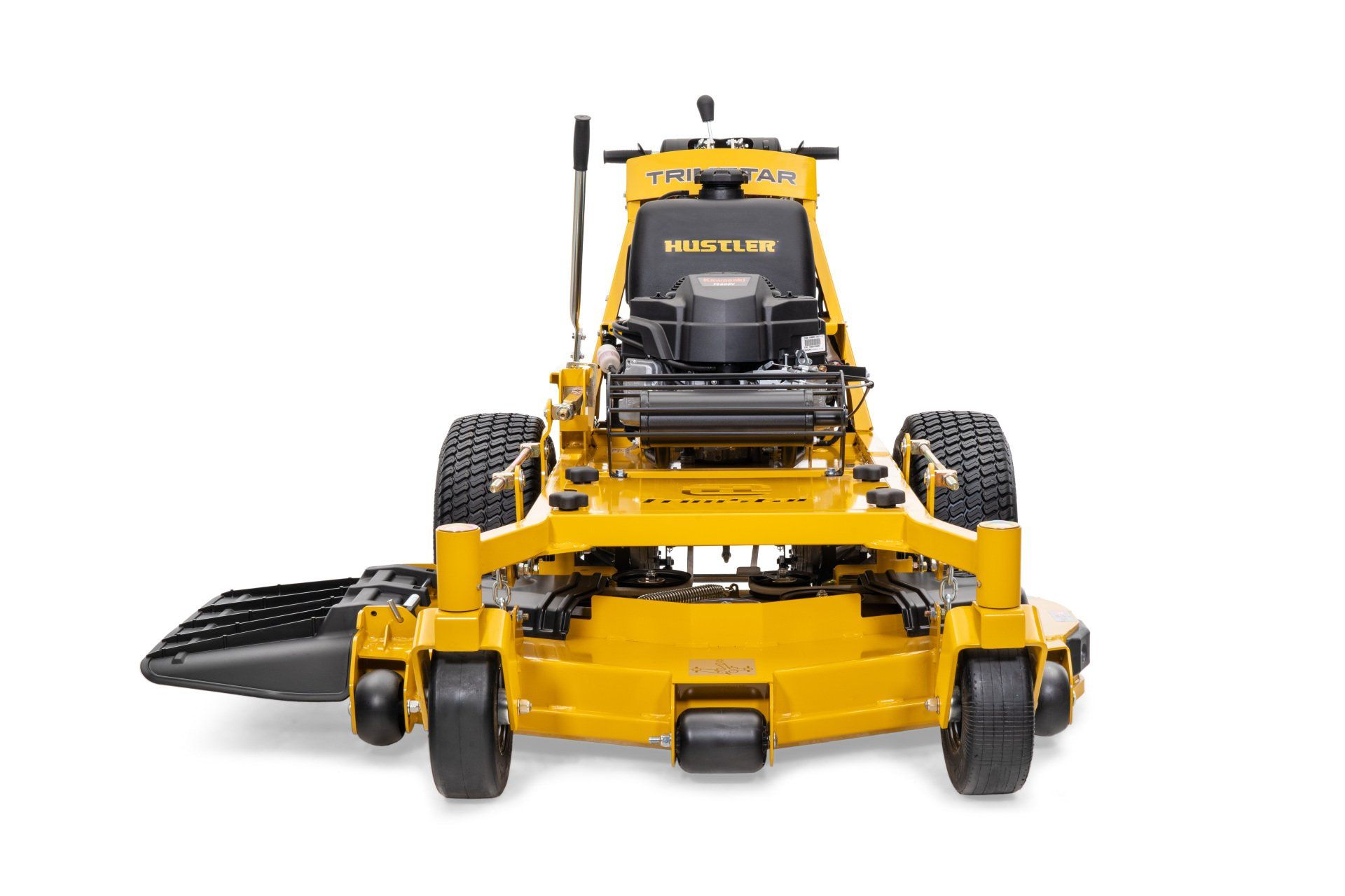 Yellow commercial zero-turn lawn mower on a white background.