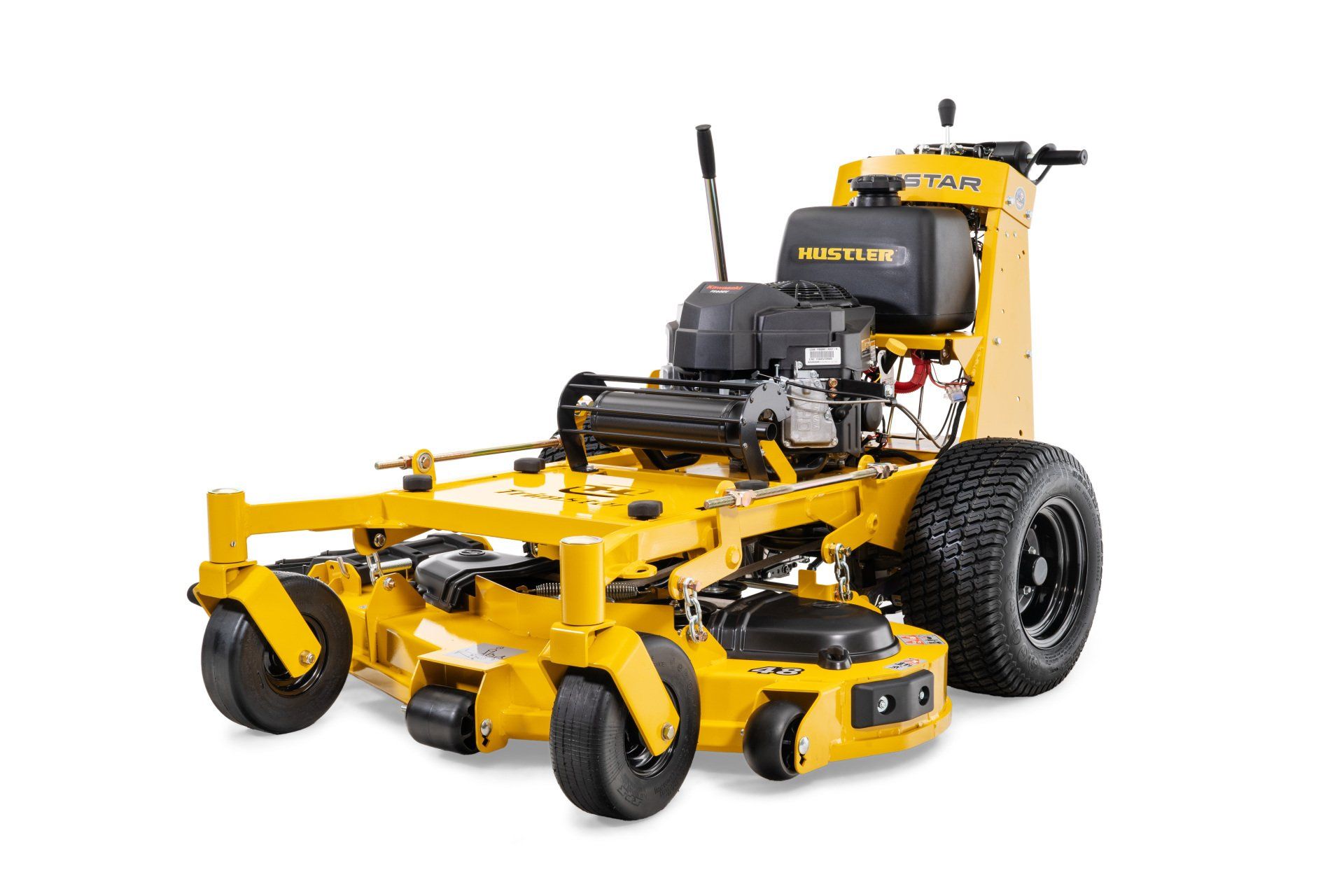 Yellow commercial lawn mower with black tires, on a white background.