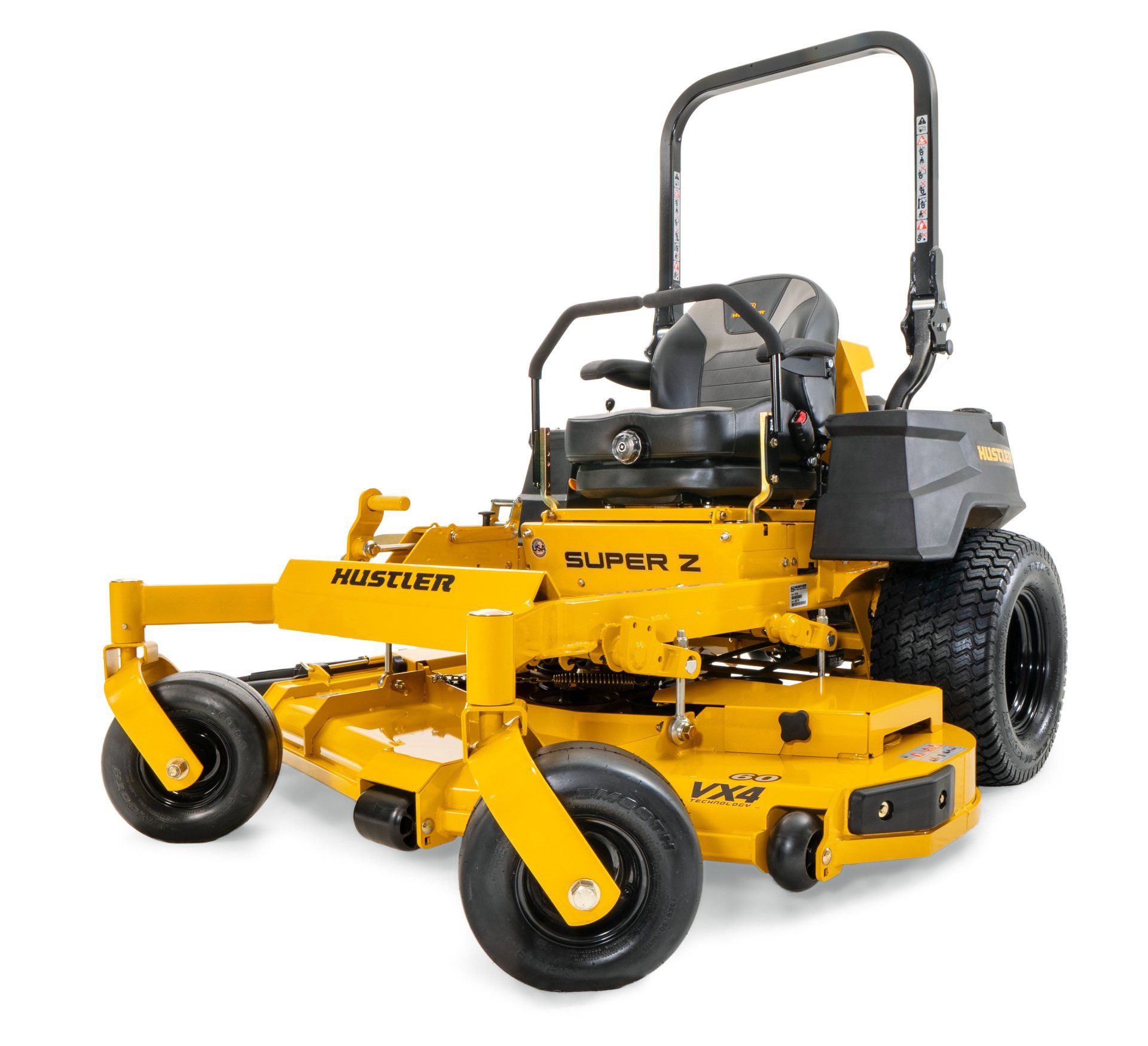 Yellow Hustler Super Z zero-turn lawn mower on a white background.