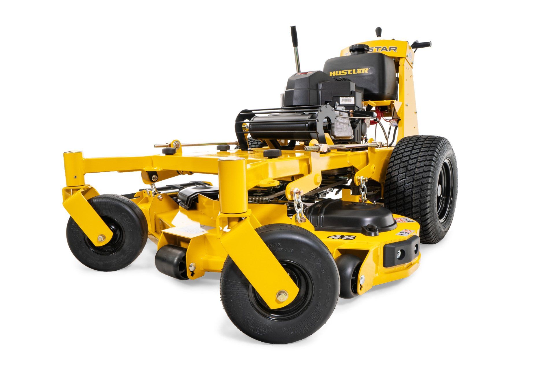 Yellow zero-turn lawnmower on a white background.