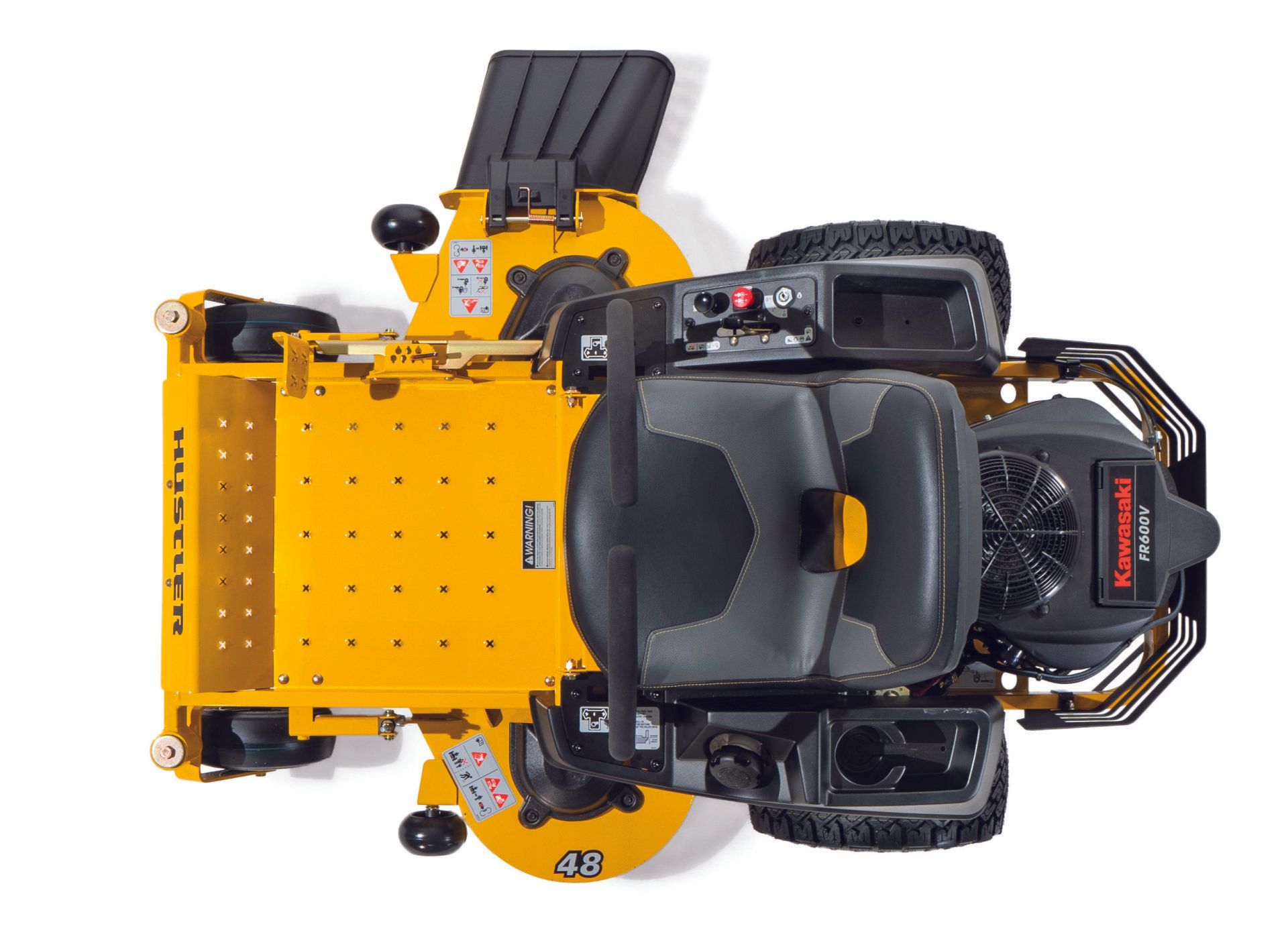 Overhead view of a yellow zero-turn lawn mower on a white background. It has a black seat and Kawasaki engine.