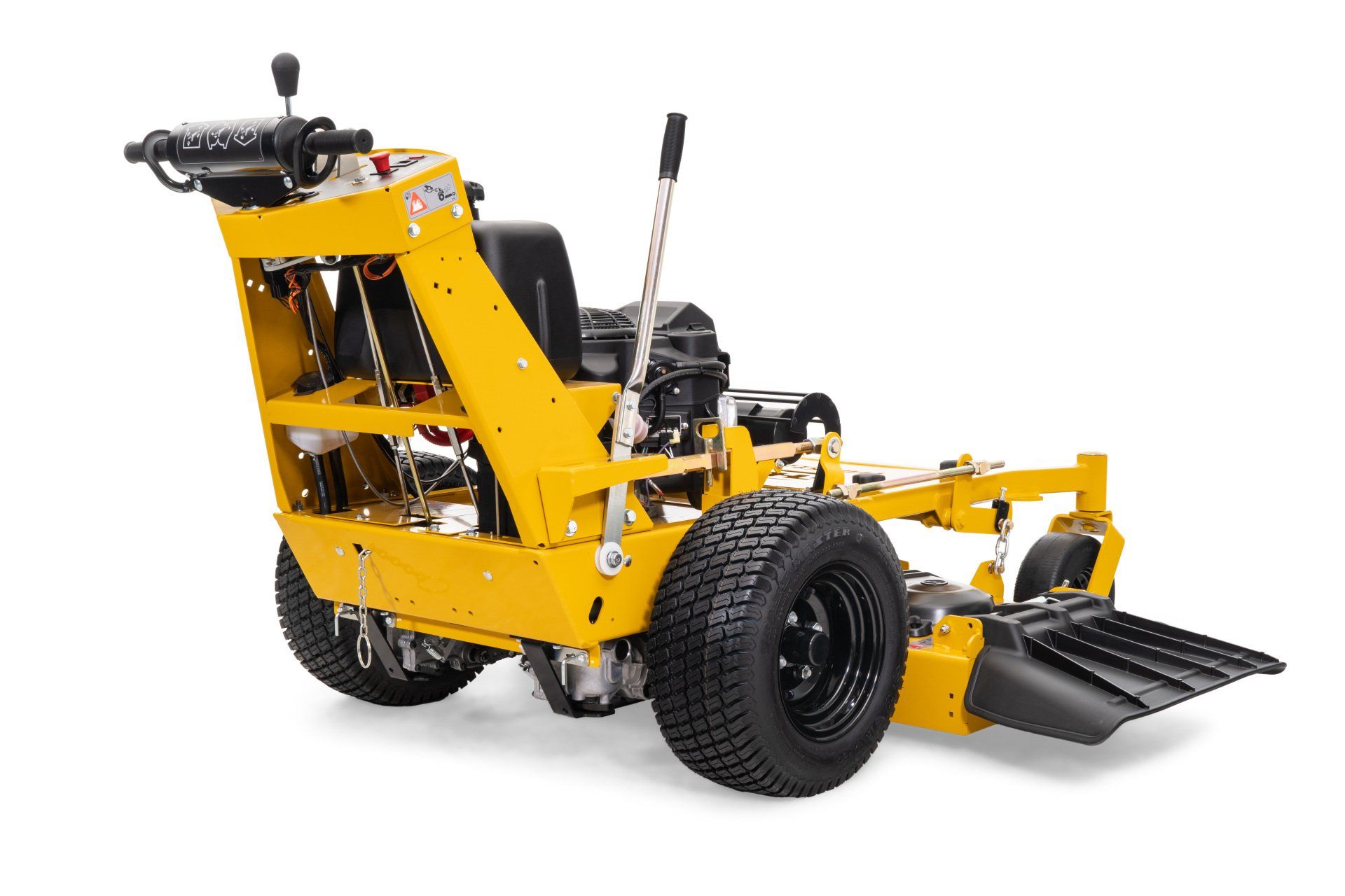 Yellow stand-on lawn edger machine with black tires and controls, used for trimming grass edges.