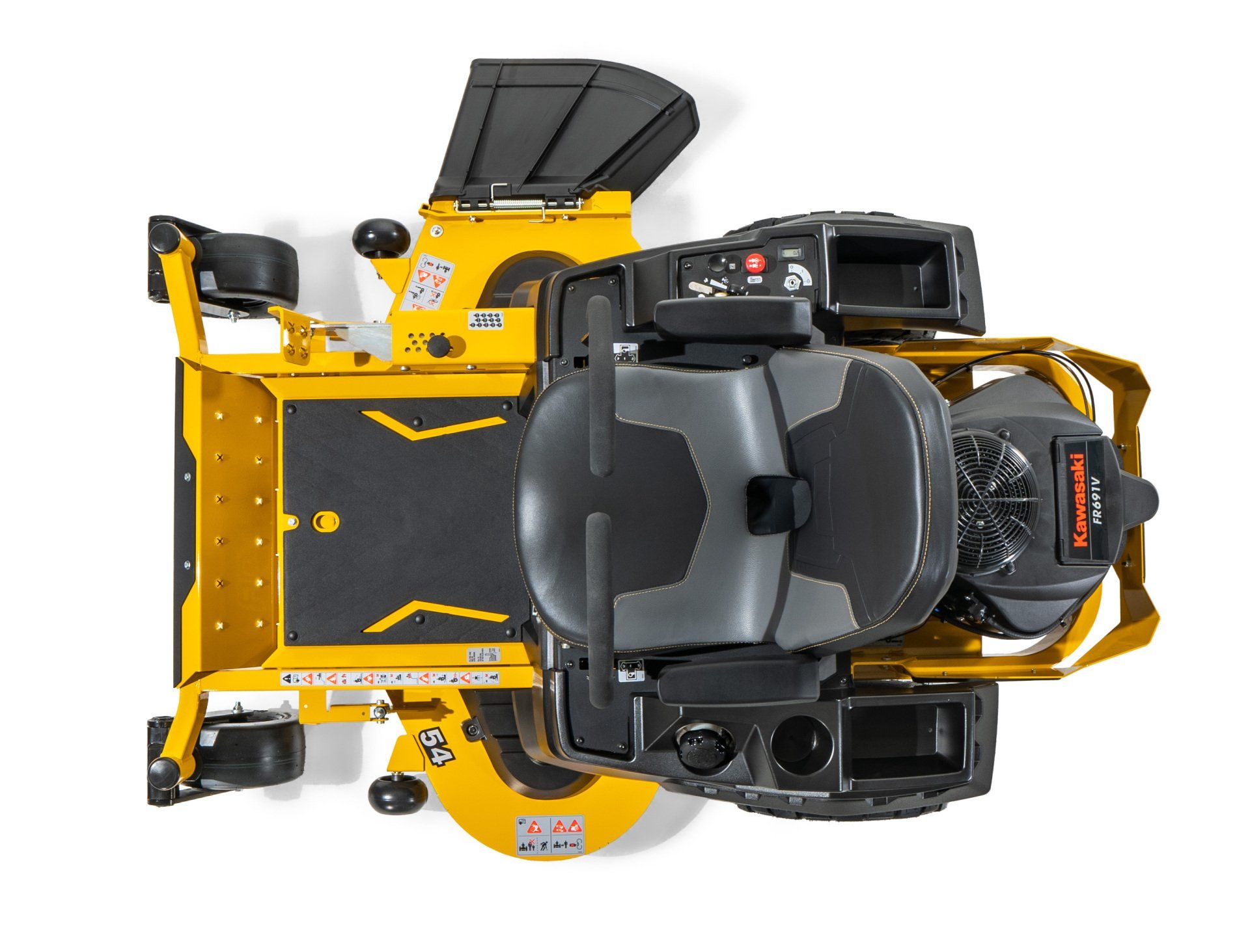Yellow and black zero-turn lawnmower with a driver's seat and a Kawasaki engine, viewed from above.