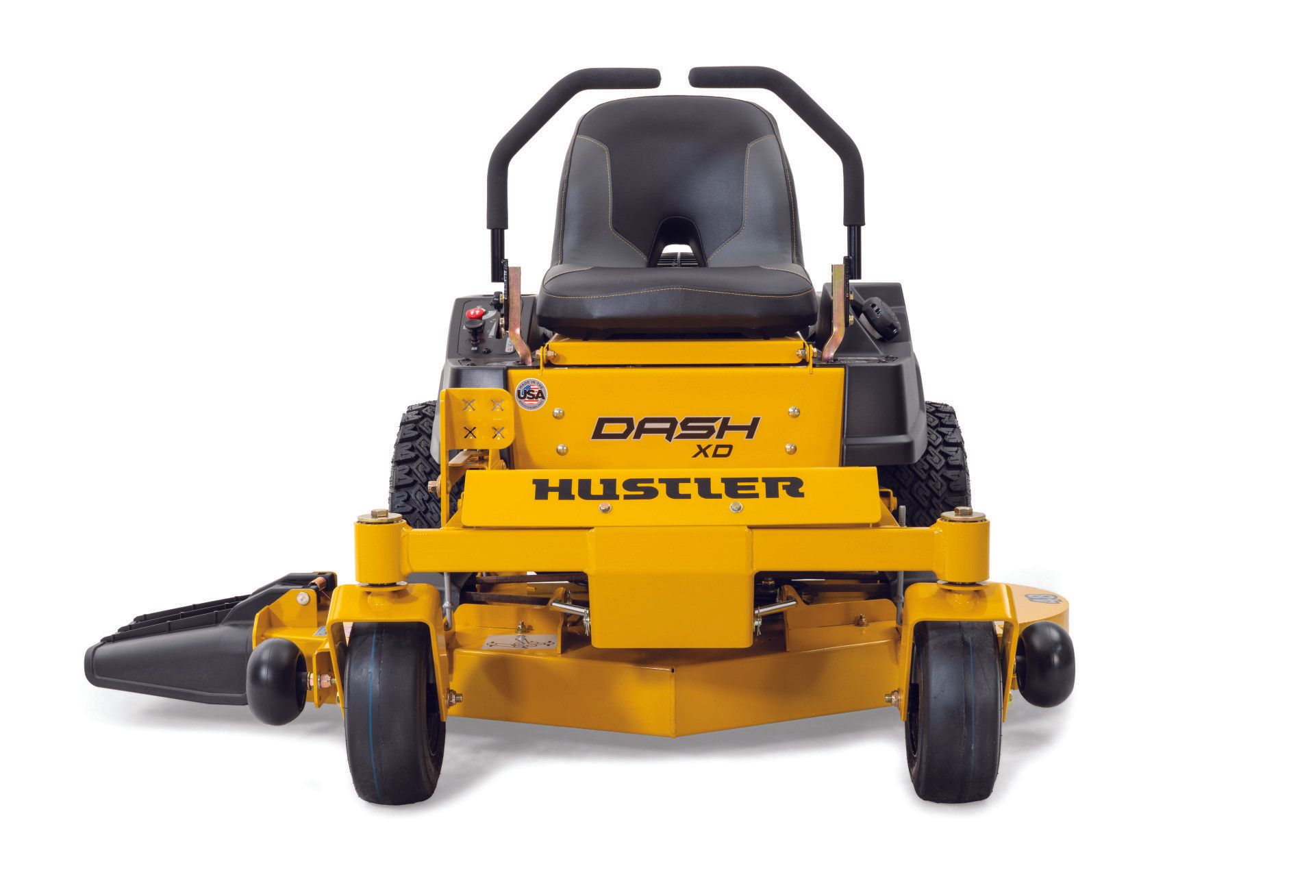 Yellow Hustler Dash XC zero-turn lawn mower on a white background.