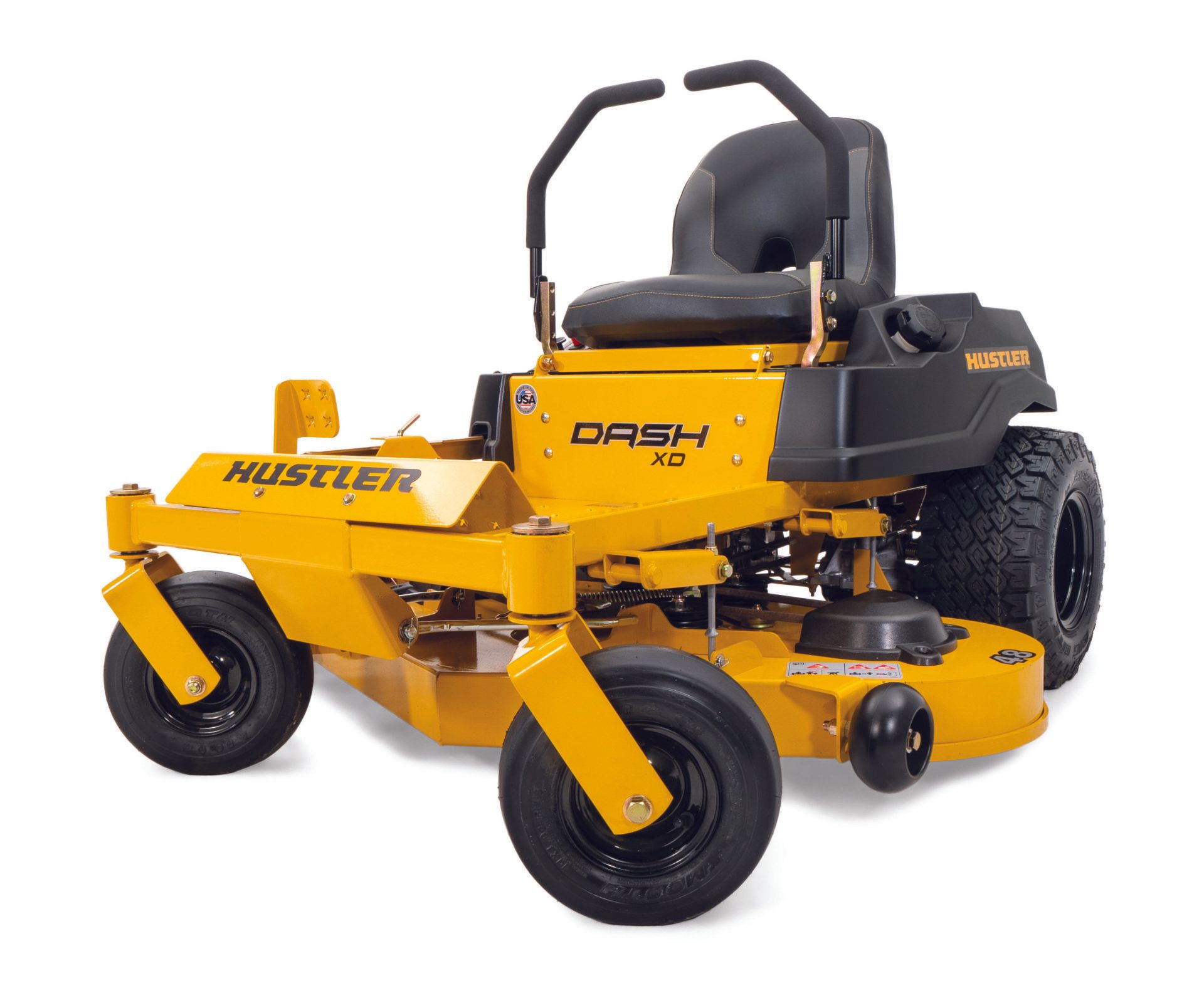 Yellow Hustler Dash 30 zero-turn lawn mower on a white background.