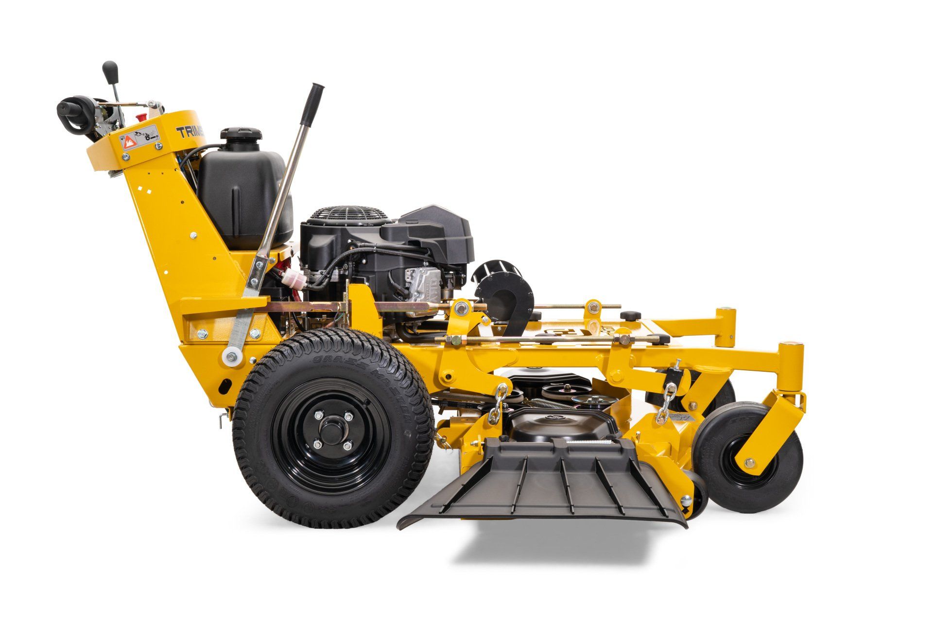 Yellow stand-on lawn mower with black tires and engine, ready for mowing on a white background.