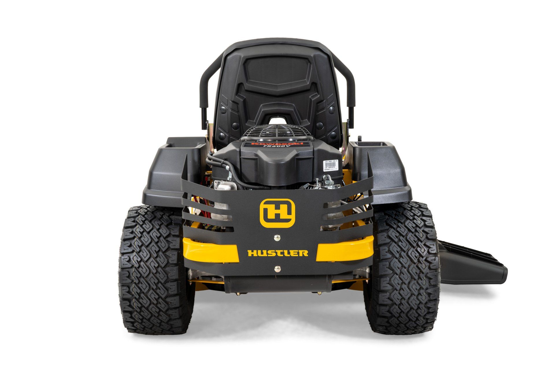 Yellow and black Hustler zero-turn lawn mower, front view, on white background.