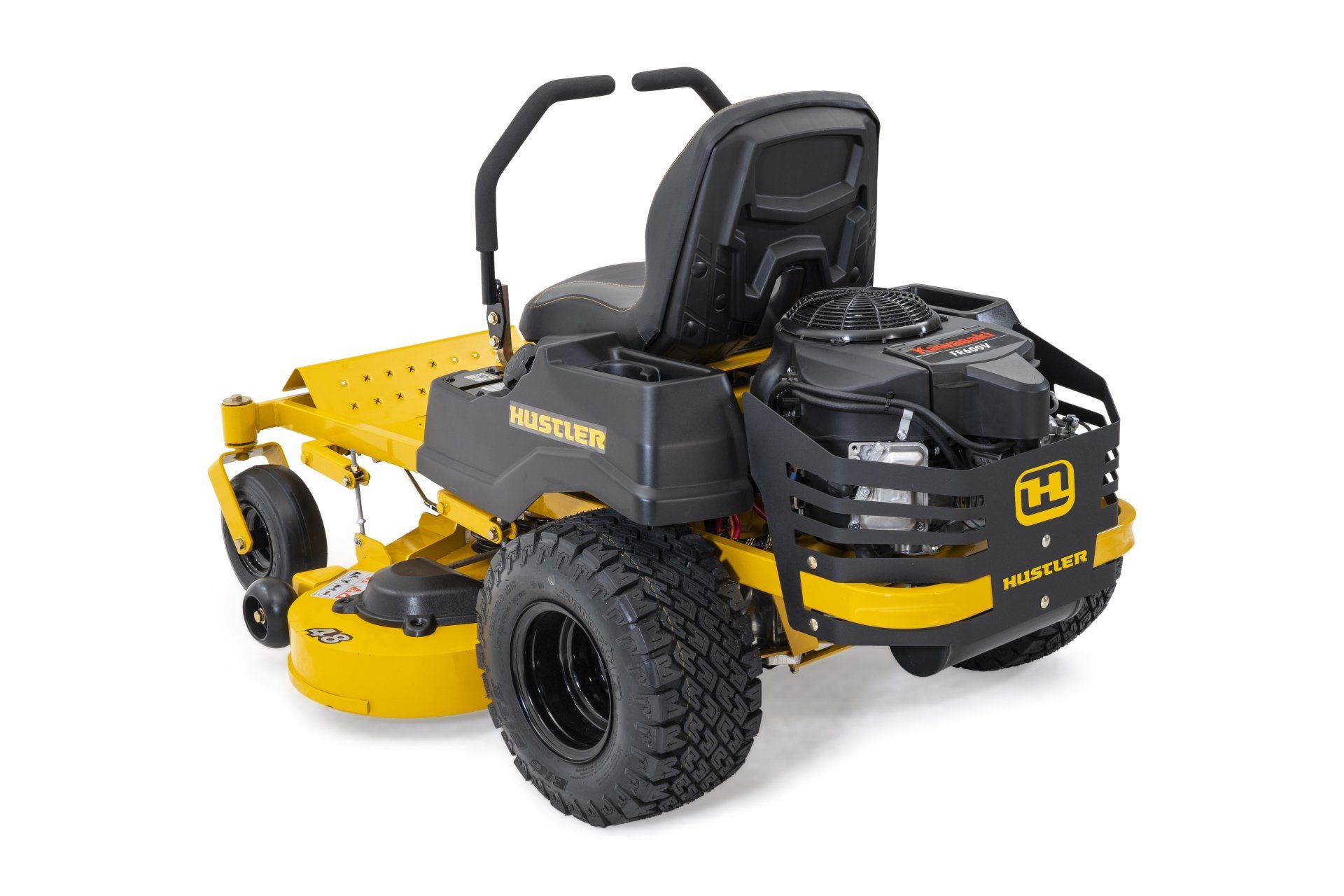 Yellow and black zero-turn lawn mower with a black seat and large tires.