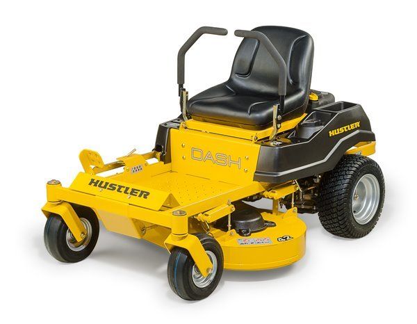 Yellow and black Hustler Dash zero-turn lawn mower on a white background.