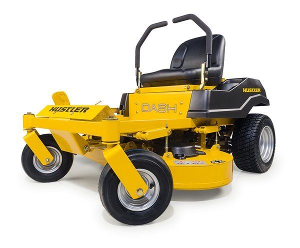 Yellow Hustler Dash zero-turn lawn mower on a white background.