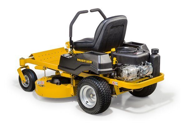 Yellow and black zero-turn lawnmower on a white background.