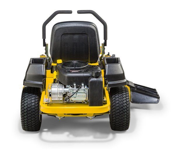 Yellow and black zero-turn lawn mower, rear view, with engine exposed and blades.