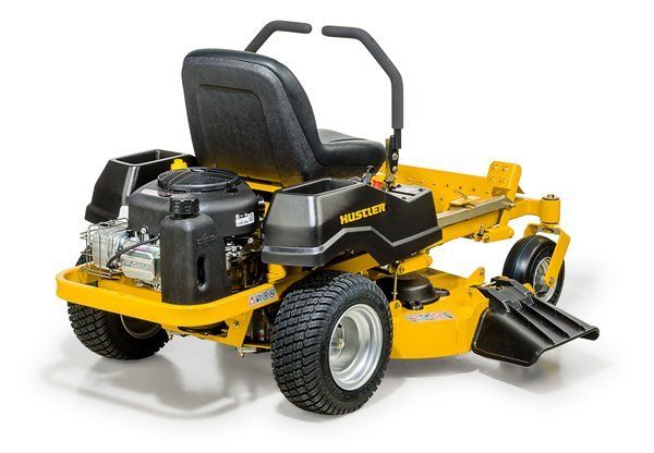 Yellow and black Hustler zero-turn mower on a white background.