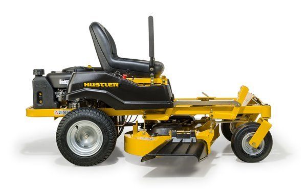 Yellow and black Hustler zero-turn lawn mower on a white background.