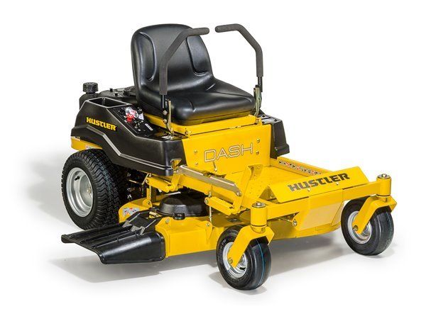 Yellow and black Hustler Dash zero-turn lawnmower.