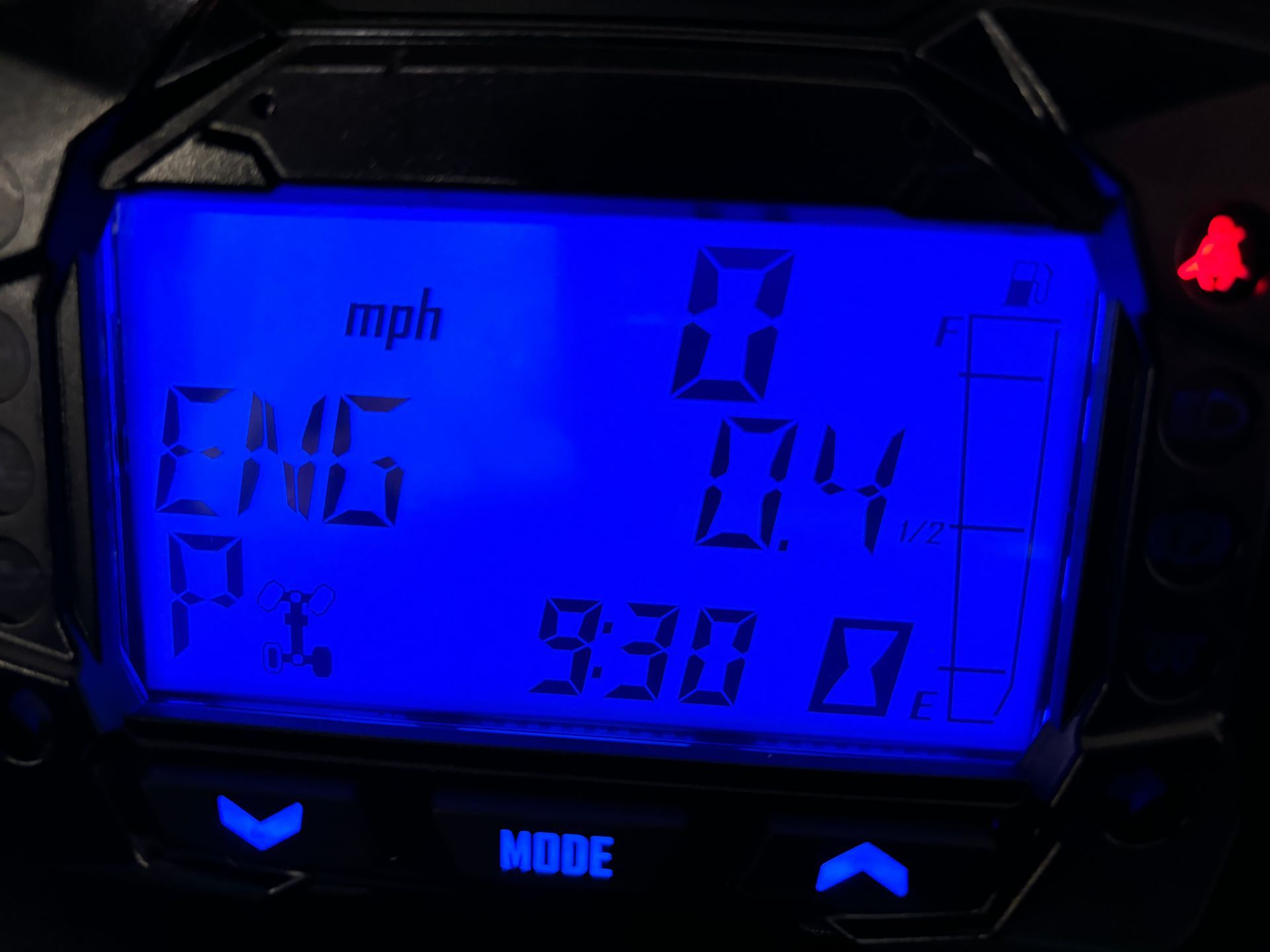 Blue digital display showing speed 0 mph, CNG 0.4, and other numerical data.
