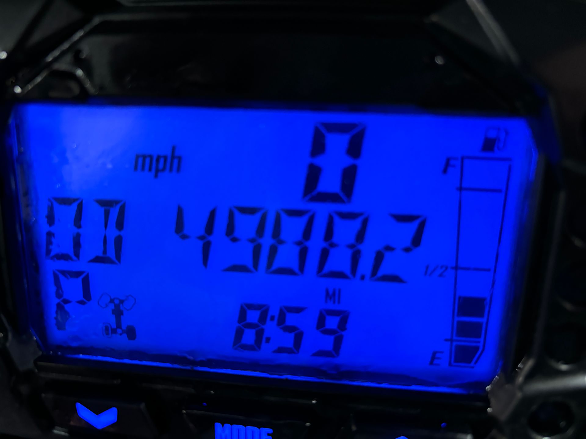 Blue digital display showing 0 mph, odometer reading 4908.2, and time 8:59.