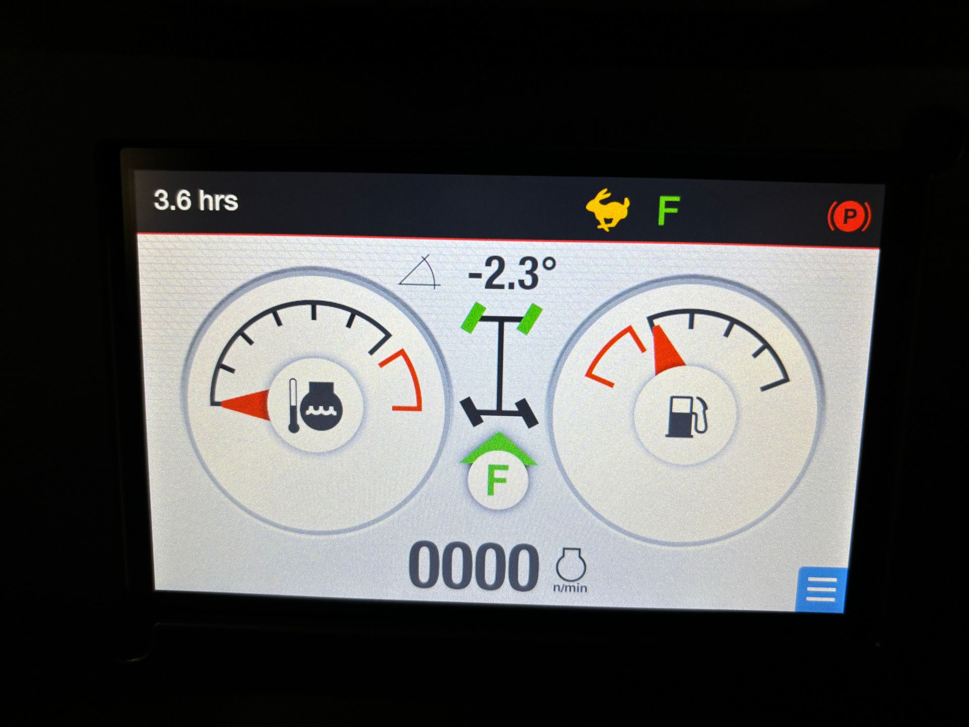 Dashboard display showing gauges for load, fuel, and other vehicle information. Hour meter reads 3.8 hrs.