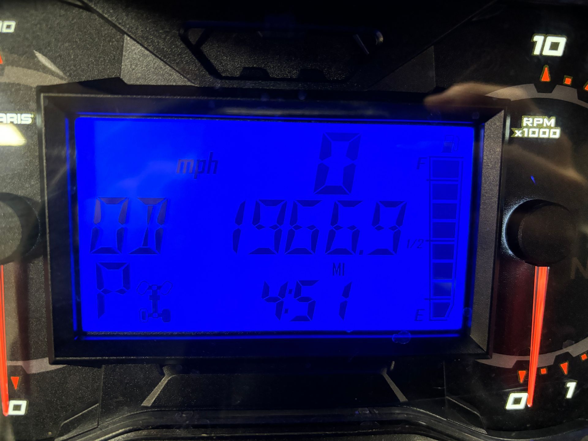 Blue digital display showing odometer reading 1966.9, with various numeric data.