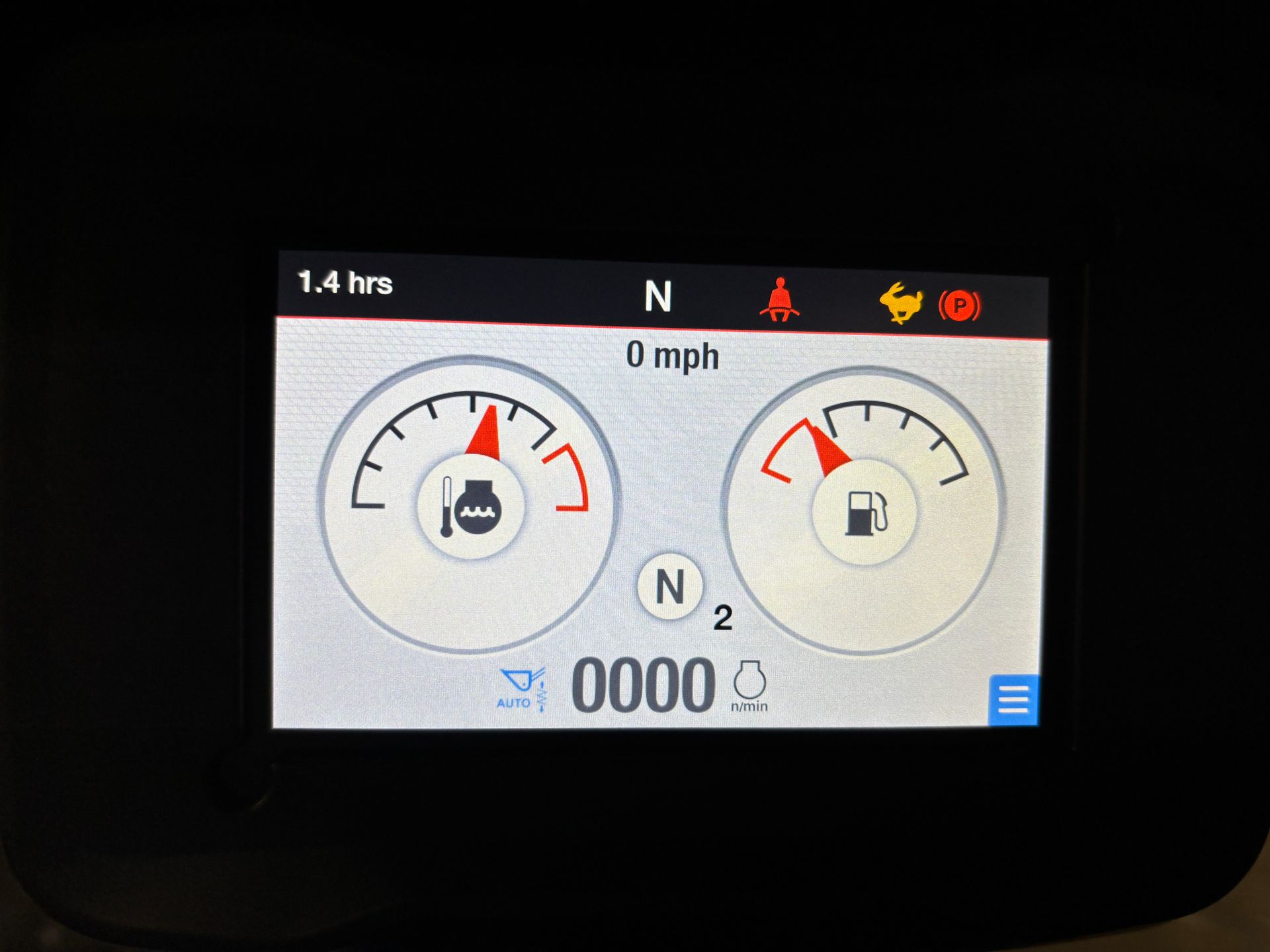 Motorcycle dashboard: Oil and fuel gauges show low levels, with warning lights illuminated, speedometer at 0 mph.