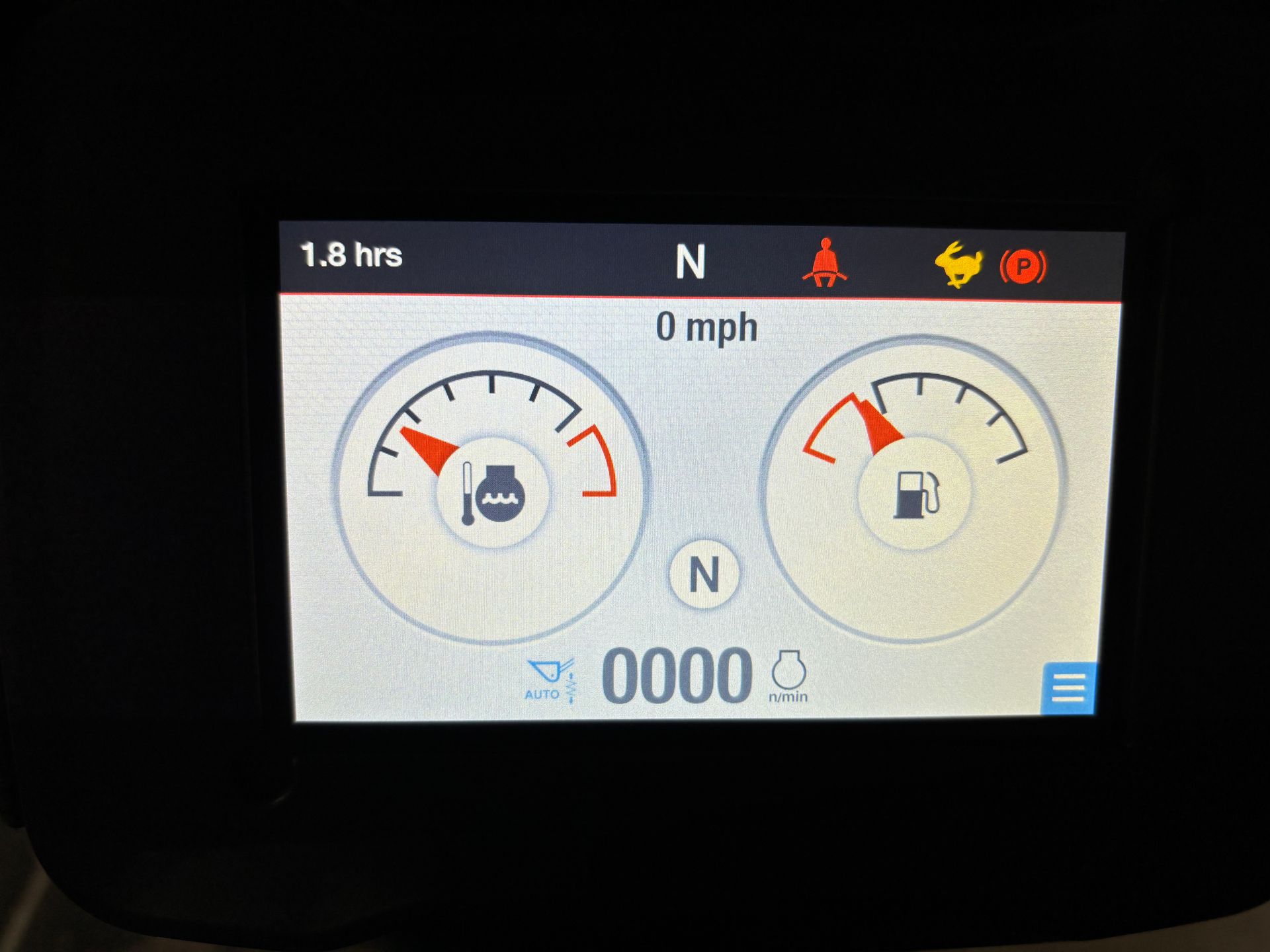 Motorcycle dashboard displays: 1.8 hrs, neutral, warning lights, zero mph, fuel and engine gauges, and other indicators.