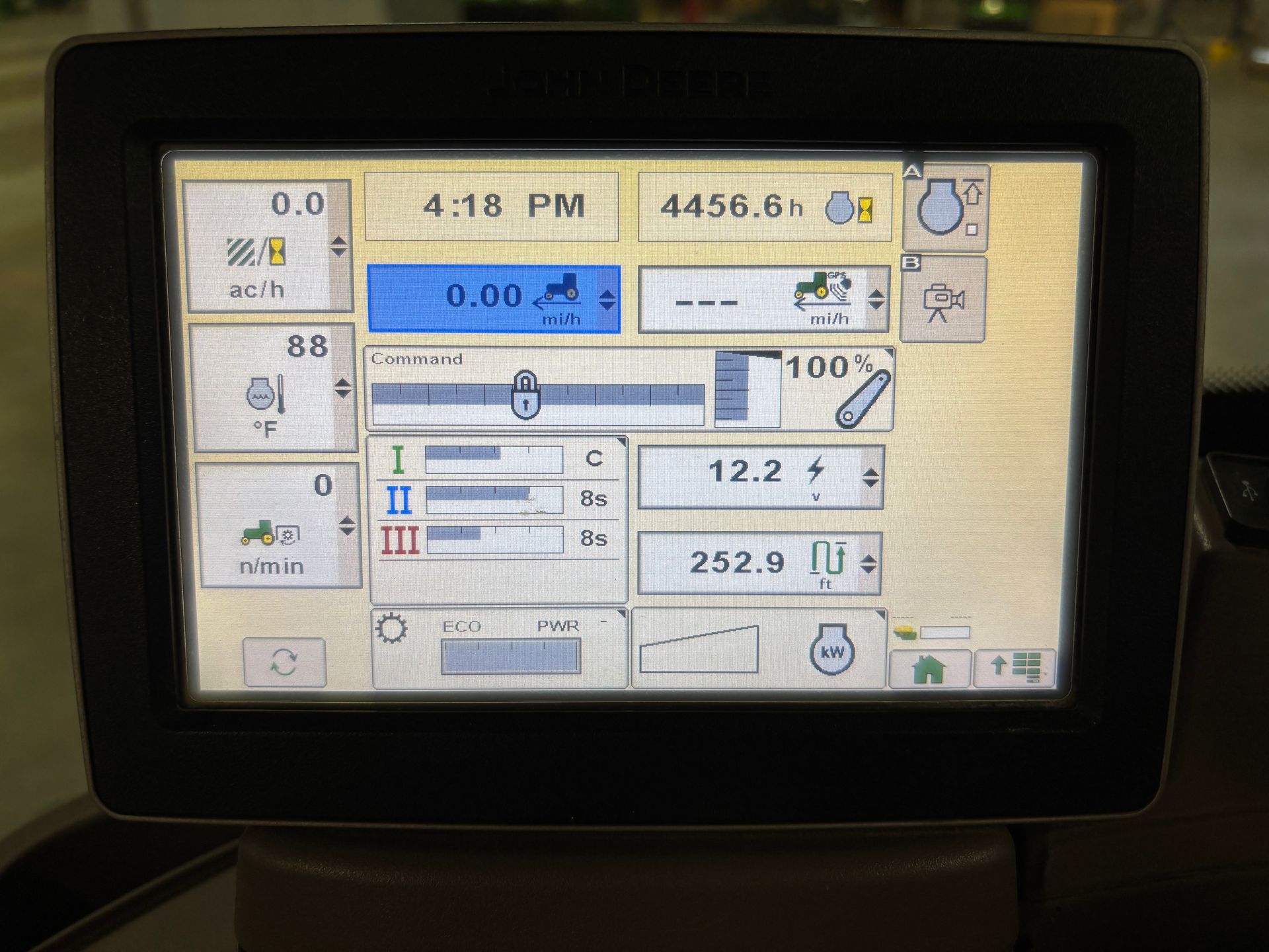 Dashboard display with digital readouts: time, hours, and various operational metrics with a progress bar.
