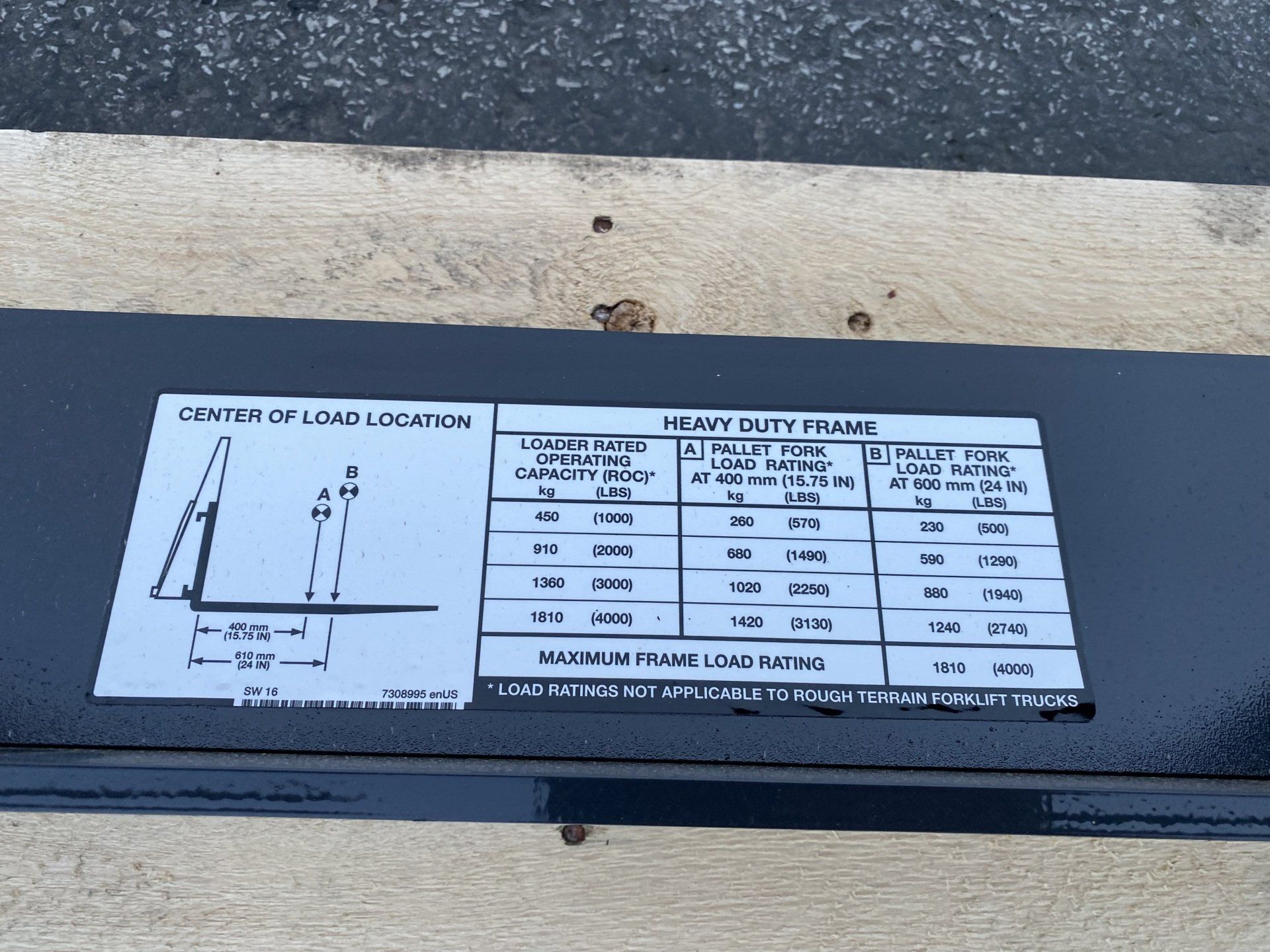 Black heavy-duty frame with a white label detailing center of load locations and maximum load capacity.