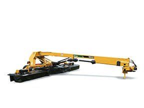 Yellow tractor-mounted mower arm, extending horizontally. Black mower deck is attached.