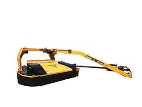Yellow boom mower extending over a black deck.