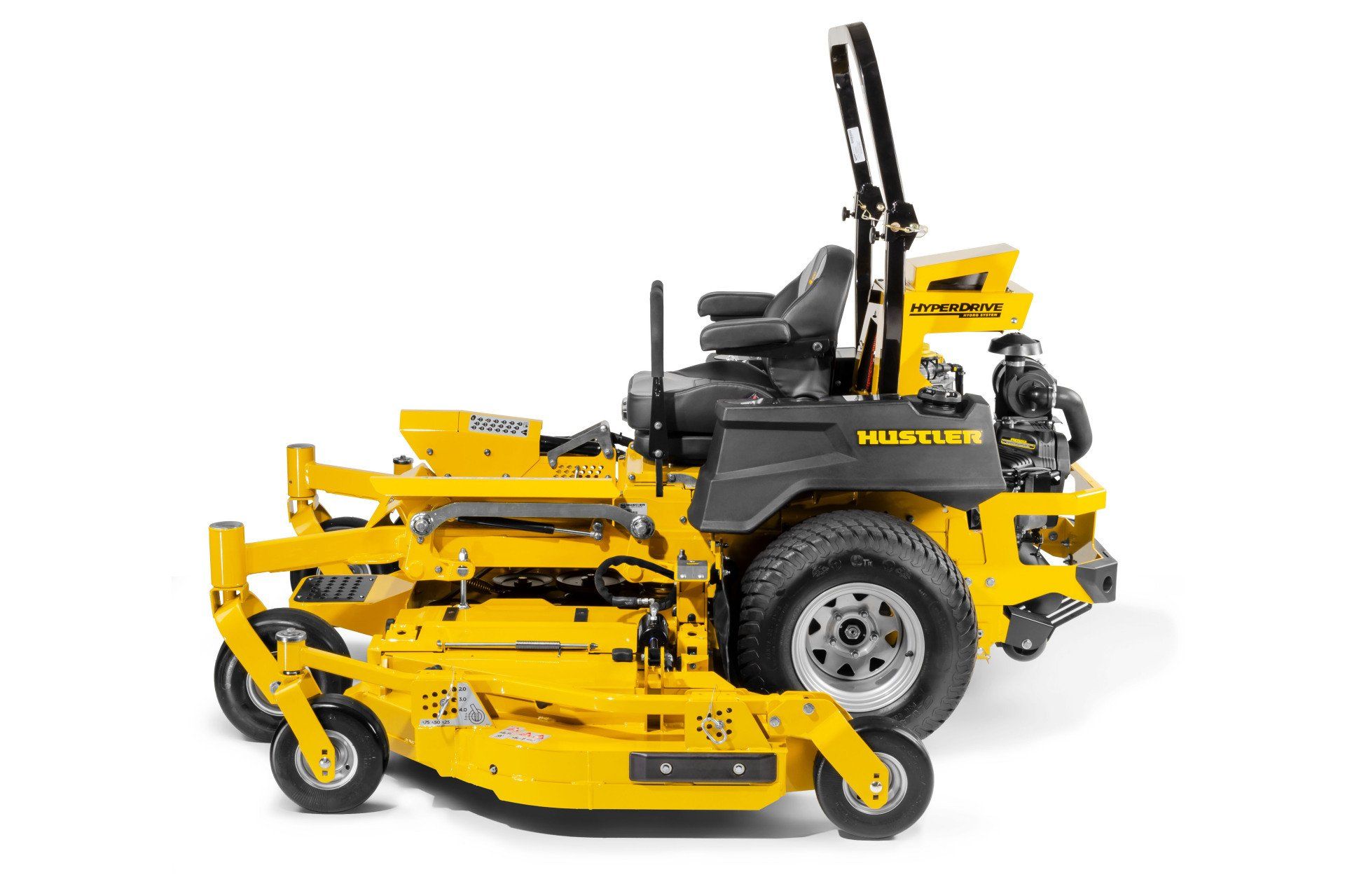 Yellow and black commercial zero-turn lawn mower on a white background.