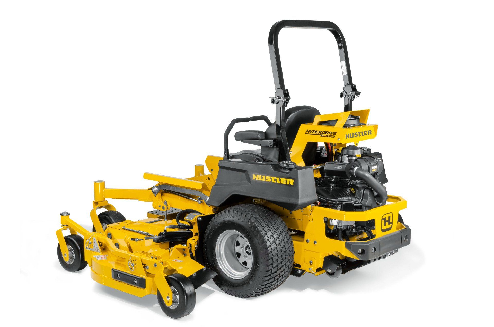 Yellow Hustler zero-turn mower on white background.