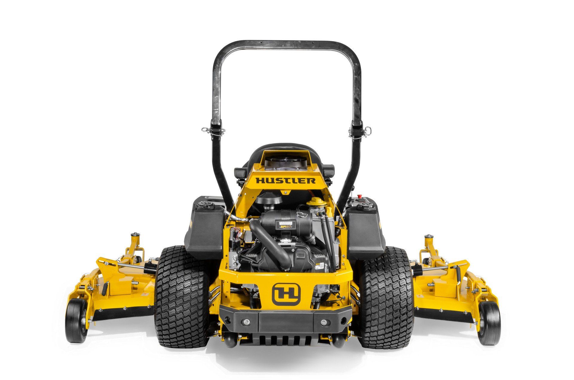 Yellow Hustler zero-turn lawn mower, front view, on a white background. Handlebars raised.